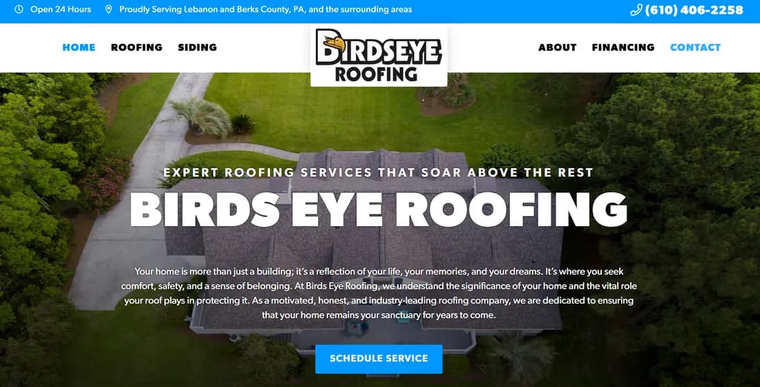 Screenshot of the Birds Eye Roofing website